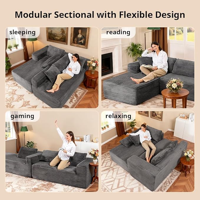 COMHOMA 105”Modular Sectional Sofa with Deep Seat,Cloud Upholstered L-Shape Couch Wide Arms Corduroy Fabric High-Density Foam Chaise Lounge for Living Room No Assembly Required