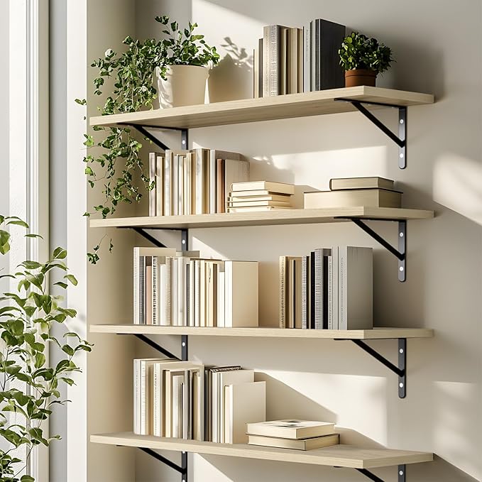 Kaboon 27 inch Long 10 inch Deep Floating Shelves for Wall Set of 2, Large Open Shelves Wall Mounted, Space Saving Home and Commercial Use, Oak/Grey Tone