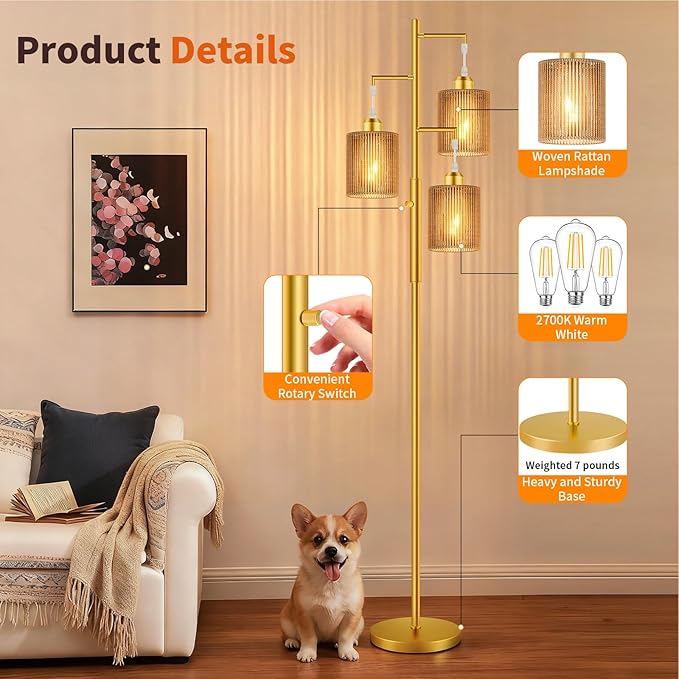 Hotsonic 72" Rattan Boho Floor Lamp, Tall Dimmable Standing Lamp with Handcrafted Beige Shade, Industrial Tree Floor Lamps for Living Room, Bedroom, Study Room, Office(3x800LM LED Bulbs Included)-Gold