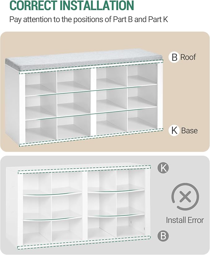 Shoe Bench with Cushion, Entryway Storage Bench with 12 Cubbies, Cubby Shoe Rack with Adjustable Shelves, Shoe Organizer Cabinet for Living Room, Bedroom, Entryway, White SB19003GY