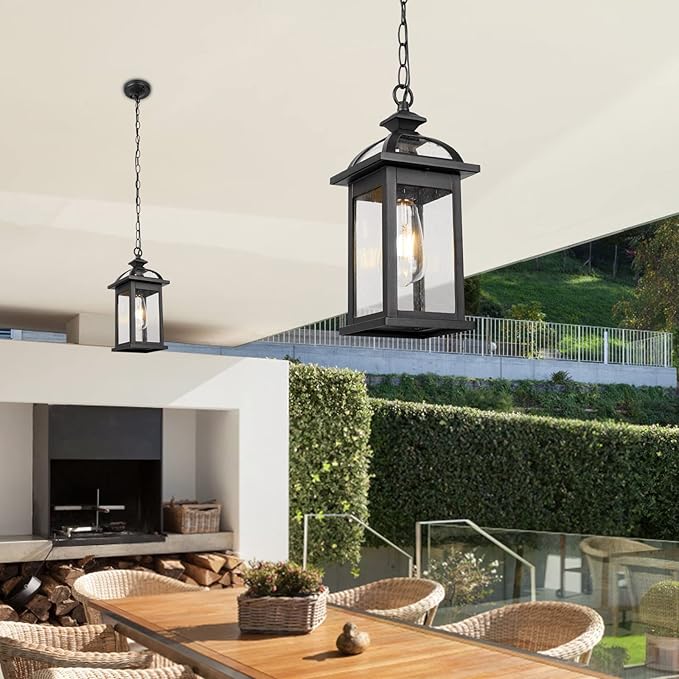 Darkaway Outdoor Pendant Light Fixture Lantern, Hanging Porch Light with Glass Aluminum Outdoor Pendant Lights for Porch, Patio, Entryway (2 Pack, Black)