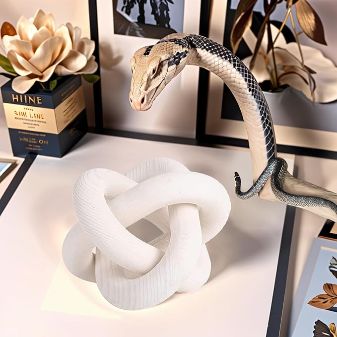 3 Link Hand Carved Wood Knot, Wood Chain Link Decor, Rustic Decorative Objects for Home, Living Room, Bedroom, Coffee Table, Modern Farmhouse Shelf Decor (White)