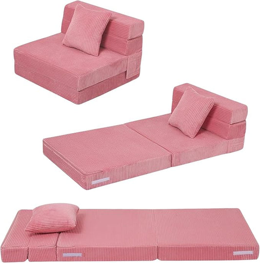 MeMoreCool Kids Folding Sofa – Corduroy Floor Futon Chair, Pink, Tri-Fold Mattress for Toddlers Soft Washable Covers | High-Density Foam | Lounger for Reading