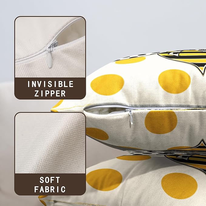 Summer Bumblebee Throw Pillow Covers 18x18 Set of 2 Polka Dot Bee Decorative Pillow Cases Yellow Honeybee Outdoor Farmhouse Cushion Cover for Home Couch Sofa Decor