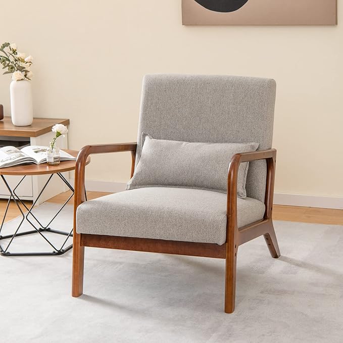 Giantex Modern Accent Chair with Pillow - Comfy Upholstered Lounge Armchair with Anti-Slip Felt Pads, Wooden Frame Soft Padded Arm Chairs for Living Room, Bedroom, Study, Grey
