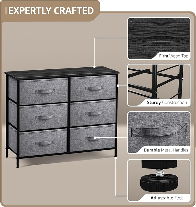 Sorbus Dresser with 6 Drawers - Chest Organizer Unit with Steel Frame Wood Top & Handle Easy Pull Fabric Bins for Clothes - Storage Furniture for Bedroom, Hallway, Living Room, Nursery & Closet