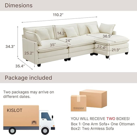 KISLOT 122" Oversized Modular Sectional Sofa,L-Shaped Cloud Couch with Movable Ottoman,Thick Cushions,4 Deep Seats with 5 Throw Pillows Sofa Couch Set for Living Room, Bedroom | Wood Frame