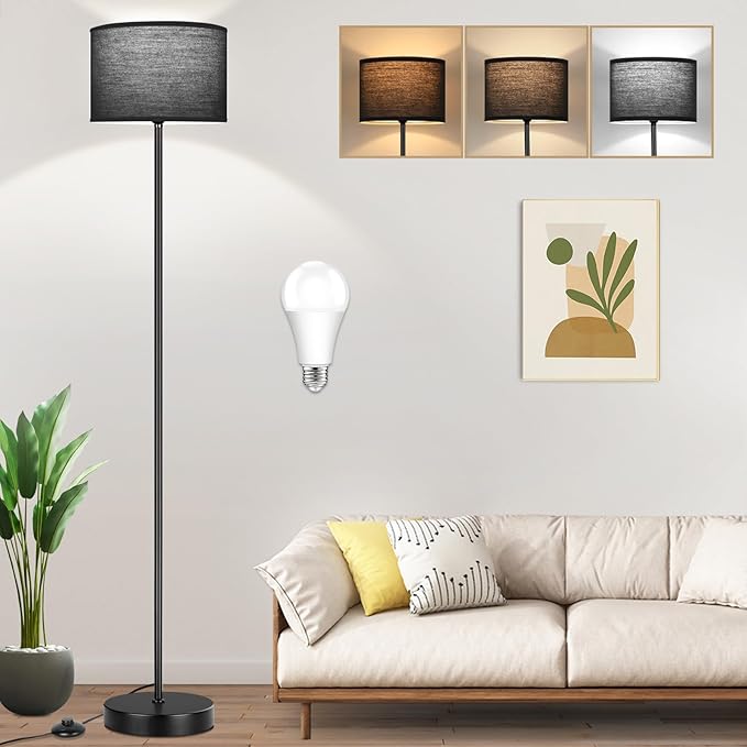 TOBUSA 65’’ Black Floor Lamp for Bedroom, Living Room Pole Floor Light with Black Shade, Modern Tall Standing Lamp with 3-Color Changing E26 Bulbs, Minimalist Stand-up LED Floor Lamp with Foot Pedal