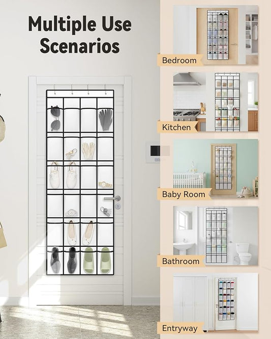 dodowin Over the Door Shoe Organizers, 2 Pack, Each with 24 Deep Mesh Pockets & 4 Metal Hooks, Over The Door Shoe Rack Space Saving Hanging Storage Holder for Closets, Shoes & Accessories, White