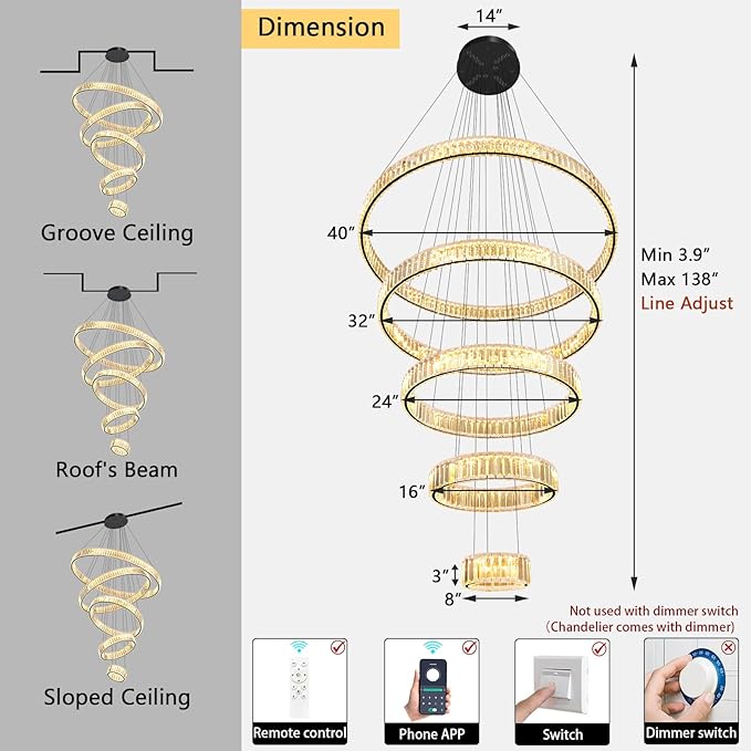Large Ring Crystal Chandelier Modern Dimmable Chandelier High Ceiling Chandelier Round LED Ceiling Light Fixture for Foyer Long Stair Big Chandelier Black 8''+16''+24''+32''+40''