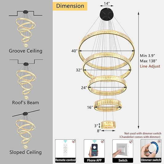 Large Ring Crystal Chandelier Modern Dimmable Chandelier High Ceiling Chandelier Round LED Ceiling Light Fixture for Foyer Long Stair Big Chandelier Black 8''+16''+24''+32''+40''