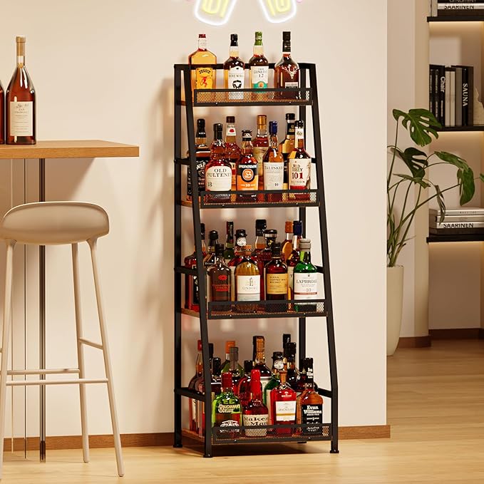 4-Tier Trapezoid Liquor Stand for Home Bar, Stepped Wine Rack Freestanding Floor for Liquor Whiskey Wine, Versatile Corner Wine Bottle Display Stand with Fences, Vintage Brown（Patent Pending）