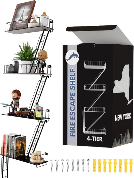 VERSATILE KAS 4-Tier Metal Fire Escape Wall Shelf | 30" NYC Industrial Floating Shelves for Action Figures | Black Urban Display Ladder with 7.5lb Capacity