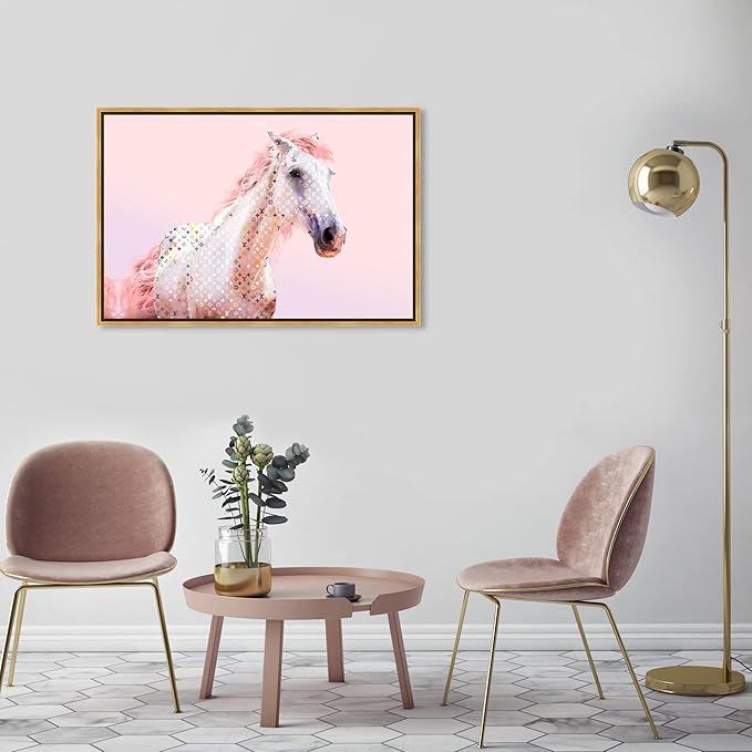 Country Farmhouse Canvas Print Painting Animal Wall Art 'Pink Glam Horse' Gold Framed Canvas Rustic Home Décor 36x24 in Pink, White by Oliver Gal