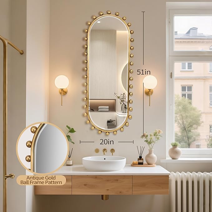 Oval Full-Length Wall Mounted Mirror 20" x 51", Antique Gold Beaded Beveled Mirror with Ball Frame, Vertical & Horizontal Hanging Wall Mirror for Bathroom, Bedroom, Dressing Room, Entryway