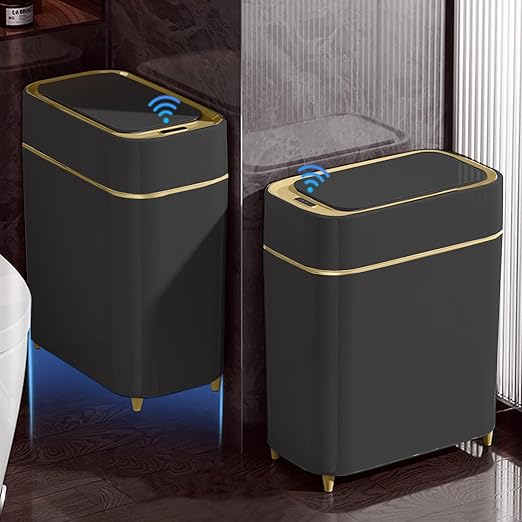 LALASTAR 2-Pack Bathroom Trash Can with Lid, Slim Motion Sensor Trash Can, Small Automatic Garbage Can Touchless, Waterproof Trash Bin for Bedroom, Office, Living Room, 2.3 Gal, Black with Gold Trim