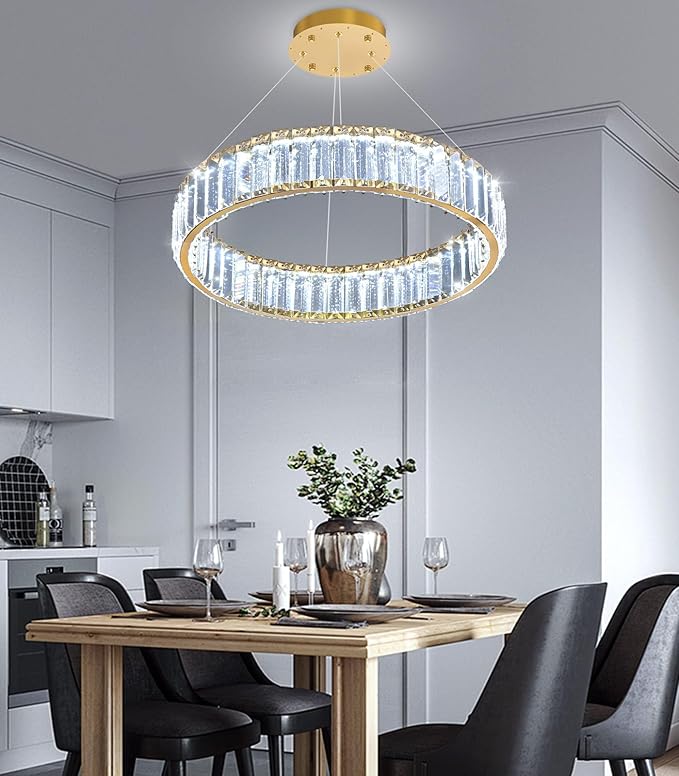 16'' Modern Ring Chandelier Crystal Chandeliers for Dining Room Round LED Dimmable Ceiling Light Fixture for Living Room Bedroom Lighting Gold