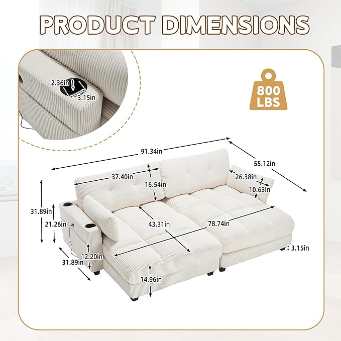 ERYE Oversized Loveseat Sectional Double Lounge Chaise Convertible Sleeper Sofabed, Corduroy Sleeper Loveseat Daybed Indoor Recliner Chair Sofa Bed W/Cupholders & Adjustable Headrests for Living Room