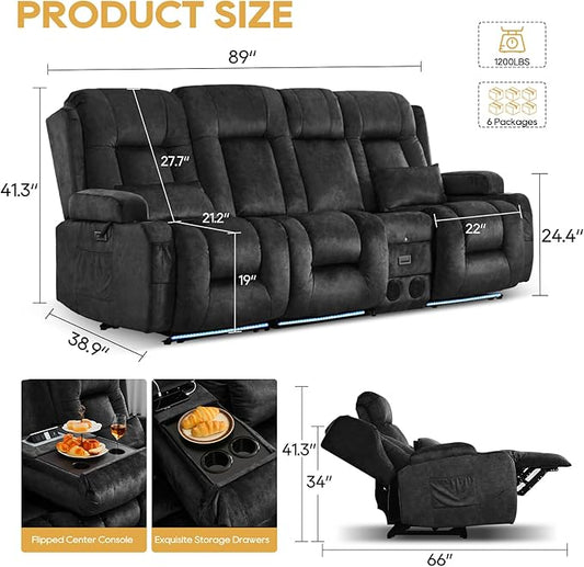 IPKIG Power Recliner Sofa with Flip-Up Backrest Console, USB & USB-C Ports, AC Outlet, LED Lights, Wall Hugger Recliners for Living Room, RV (Drak Grey, 89" - 4 Seat) | Velvet Fabirc, Zero Gravity, Dual Reclining, 2 Lumabr Pillow, Bluetooth Speakers