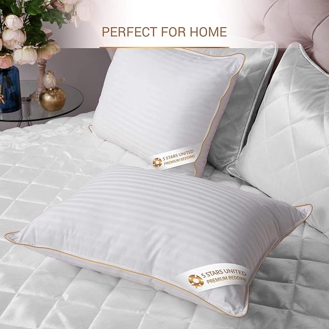 5 STARS UNITED Standard Size Pillows - Set of 2, 20x26, Super Soft Fiber Fill - Striped Satin Cotton Covers