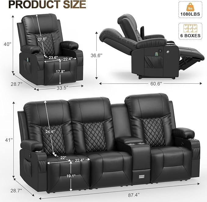 YONISEE Modern Recliner Sofa Set - 3 Seat Sofa & 2PC Swivel Recliner Chairs with Heat & Massage for Living Room (3+1+1)