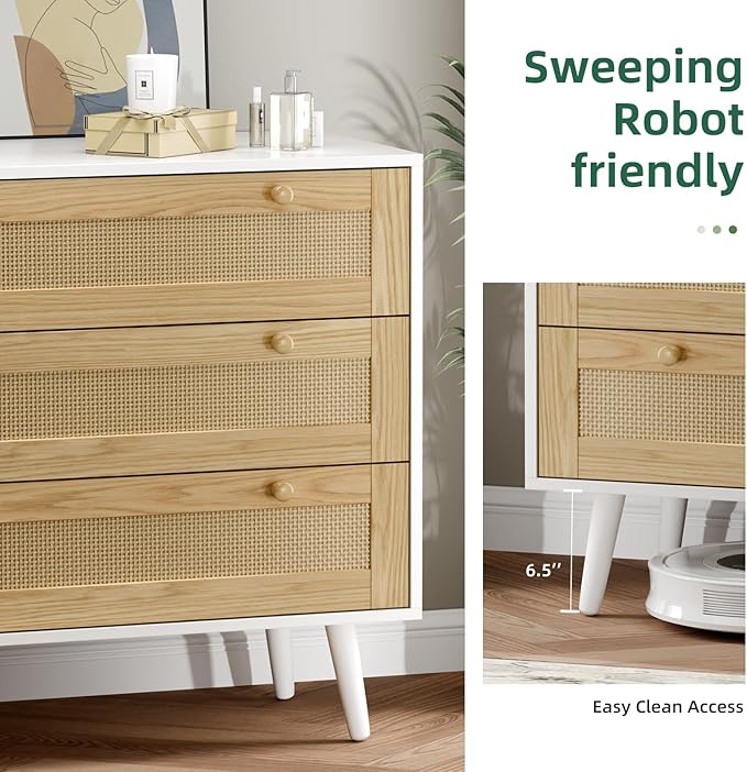 3 Drawer Rattan Dresser for Bedroom, Modern Wooden Dresser Chest with Handles for Bedroom, Hallway and Living Room, White