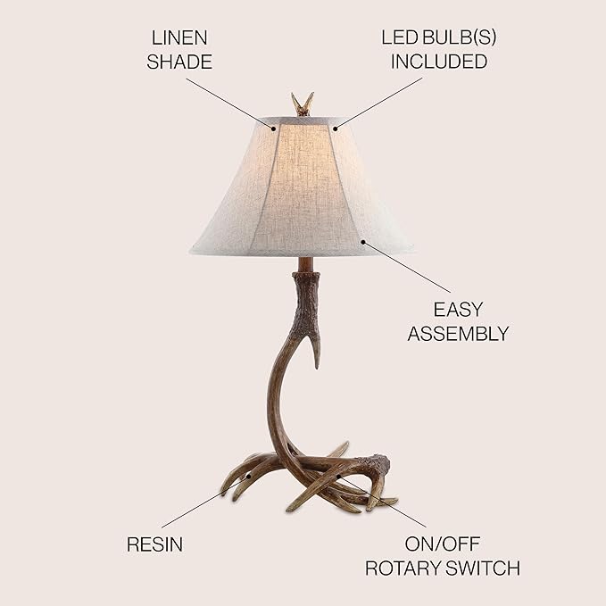 JONATHAN Y 27.5" Brown Antler Rustic Resin Table Lamp for Living Room Bedroom, Light Grey Linen Shade, Farmhouse Lodge Nightstand Lamp, LED Bulb Included JYL6305A