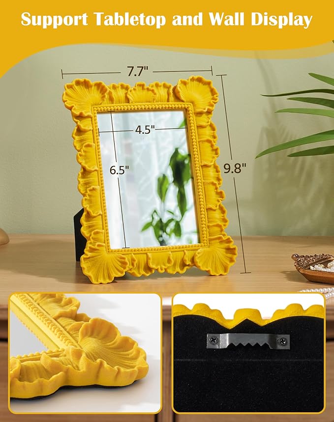 Leaf-Themed Framed Decorative Mirror for Makeup Dresser Table Gallery Wall Art, 9.8x7.7 Funky Wall Mirrors for Fall Autumn Winter Thanksgiving Christmas Holiday Accent (Yellow-Orange)