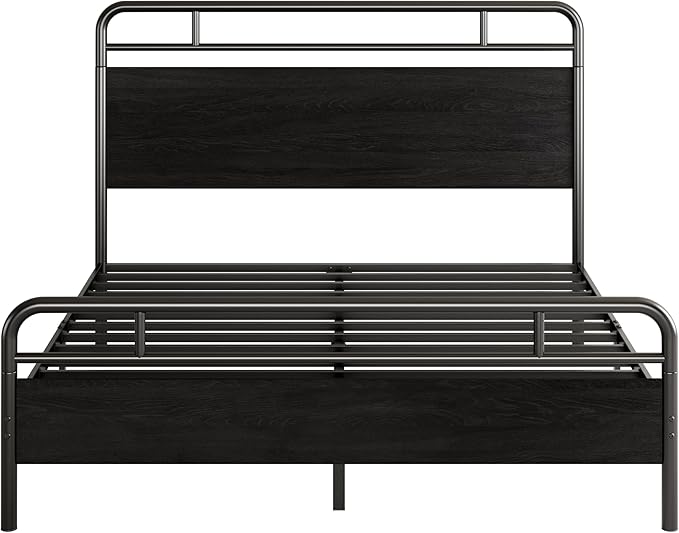 SHA CERLIN Queen Size Bed Frame with Vintage Industrial Wood Headboard, Heavy Duty Metal Platform, 12 Inch Under Bed Storage, Noise-Free, No Box Spring Needed, Easy Assembly, Black