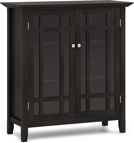 SIMPLIHOME Bedford Storage Cabinet - 39 inch Wide Solid Wood Medium Cabinet in Hickory Brown, Transitional Console for Living Room, Entryway, or Dining Room with Glass Doors and Adjustable Shelves