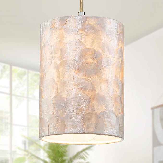 1-Light Capiz Shell Chandelier, Coastal Design Modern Pendant Light Fixture for Dining Room, Living Room, Kitchen Island, D7 x H18~66"(Adjustable Height), Shell Lampshade & Chrome Finish Frame
