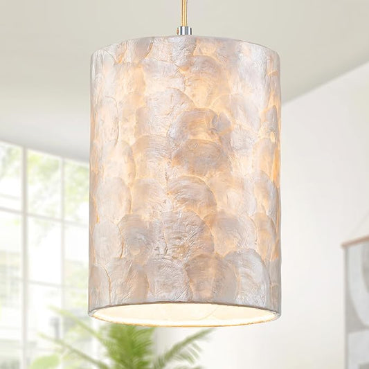 1-Light Capiz Shell Chandelier, Coastal Design Modern Pendant Light Fixture for Dining Room, Living Room, Kitchen Island, D7 x H18~66"(Adjustable Height), Shell Lampshade & Chrome Finish Frame