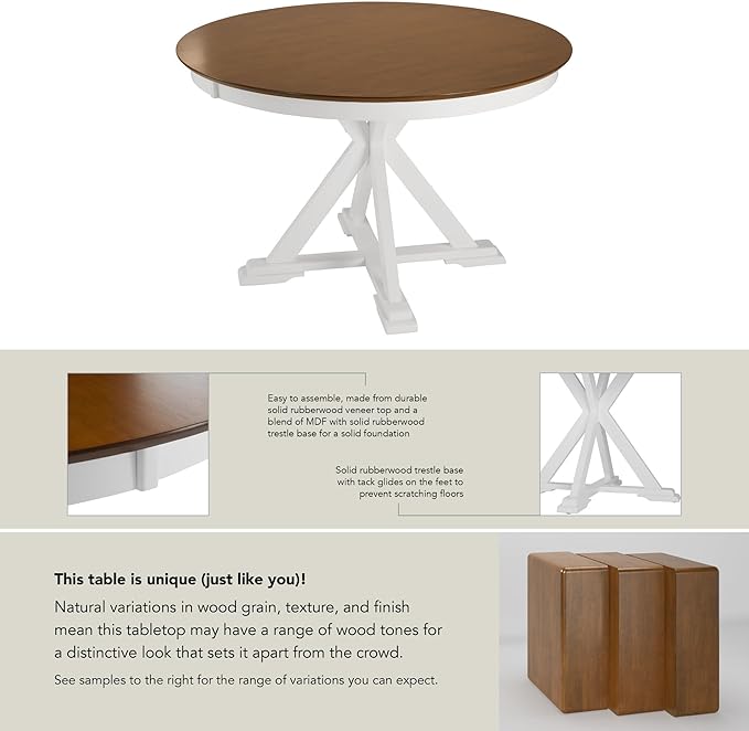 Bush Home Round Dining Table, 45 inch Trestle Design, Modern Transitional, West End Collection, Dark Brown and White