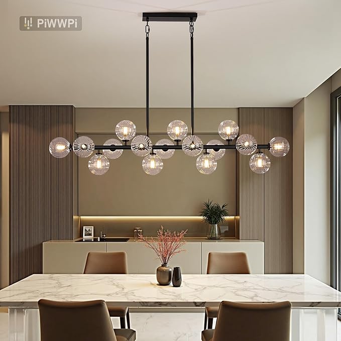 Large Linear Chandeliers for Dining Room Kitchen Island, 55" Long Light Fixture Over Table, 16-Light Modern Glass Globe Sputnik Farmhouse Chandelier, Black and Clear Bubble, GC-08