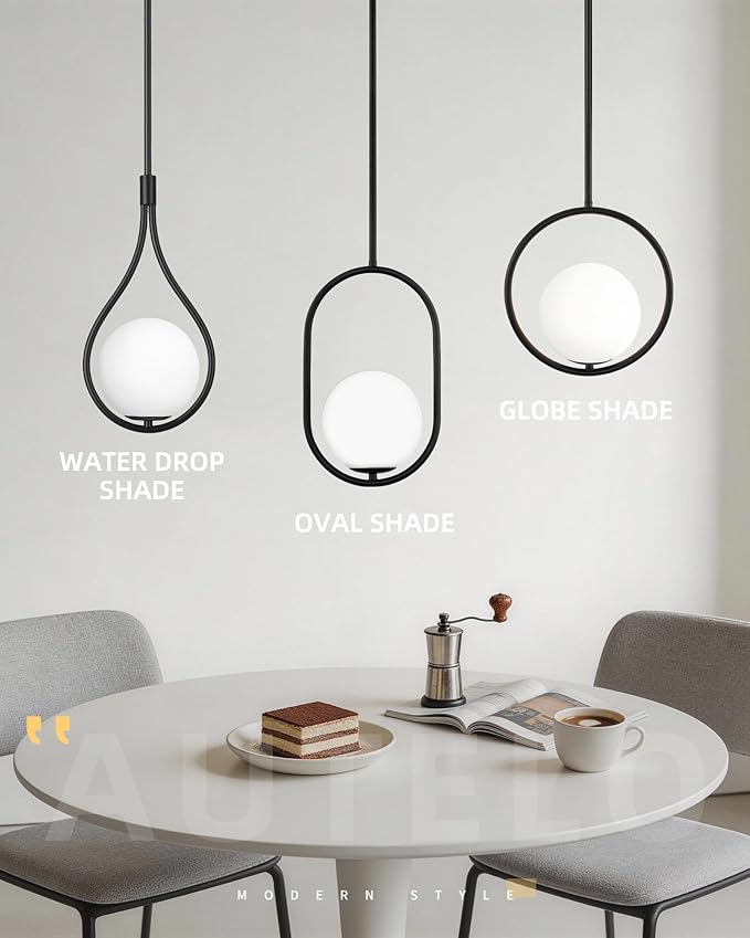AUTELO 1-Light Pendant Lights Kitchen Island, Matte Black Glass Pendant Lights with Milky White Globe Hanging Lamp, Adjustable Rods for Kitchen Bar Dining Room, H9380 MGBK