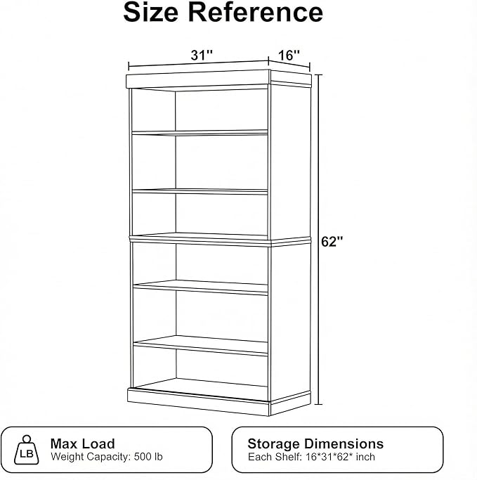 Casaphoria 6 Tier Wooden Bookshelf, 62" H Tall Book Shelf with Adjustable Shelves, Wide Bookshelf with 16" Deep Storage Space for Living Room,Bedroom & Home Office