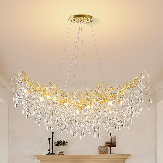55" Gold Crystal Raindrop Chandelier 16 Light K9 Crystal Pendant Light Fixture Contemporary Tree Branch Chandelier for Dining Room, Living Room Kitchen Island