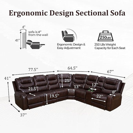 Breathing Leather Recliner Sectional Sofa, Power Reclining Sectional Couch with LED, L Shaped Recliner Couch 6 Seat Sofa for Living Room with USB Port&Cup Holders (Dark Red)