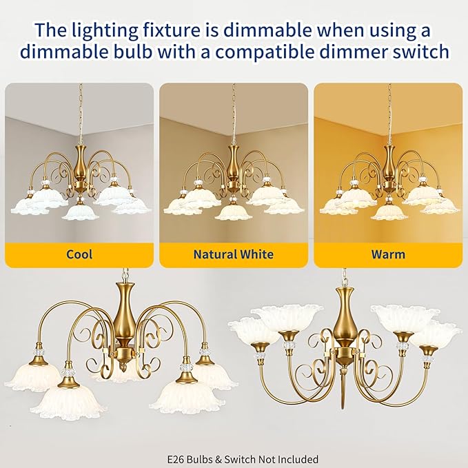 5-Light Vintage Chandeliers in Matte Brass Finish with White Glass Shades, Retro Chandelier Light for Dining Room, Hallway, Kitchen