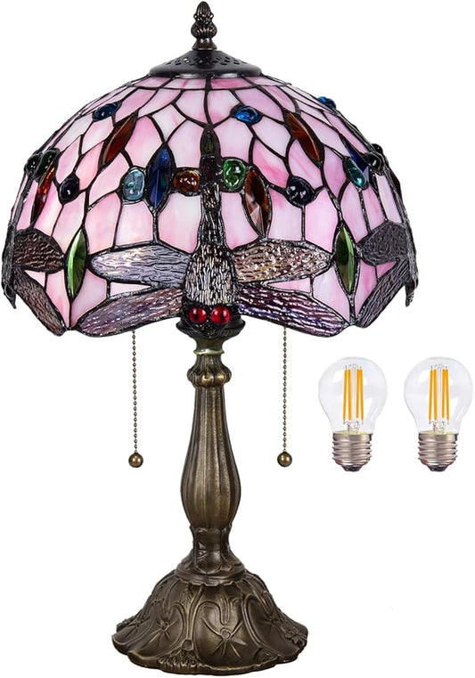 Tiffany Table Lamp, Pink Dragonfly Stained Glass Lamp,12 Inch Tiffany Style Lamp for Bedroom Living Room Home, Handcrafted Light, Included Bulb
