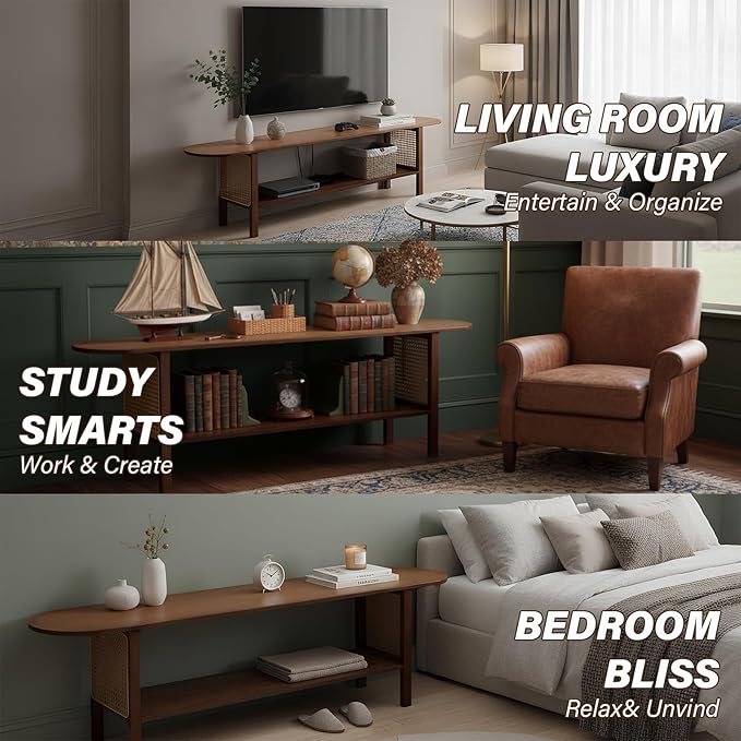 Welnow Walnut Rattan TV Stand for 65" TV, Mid Century Modern Entertainment Center with 2-Tier Open Shelves, Versatile Modern TV Console & Table for Living Room & Gaming