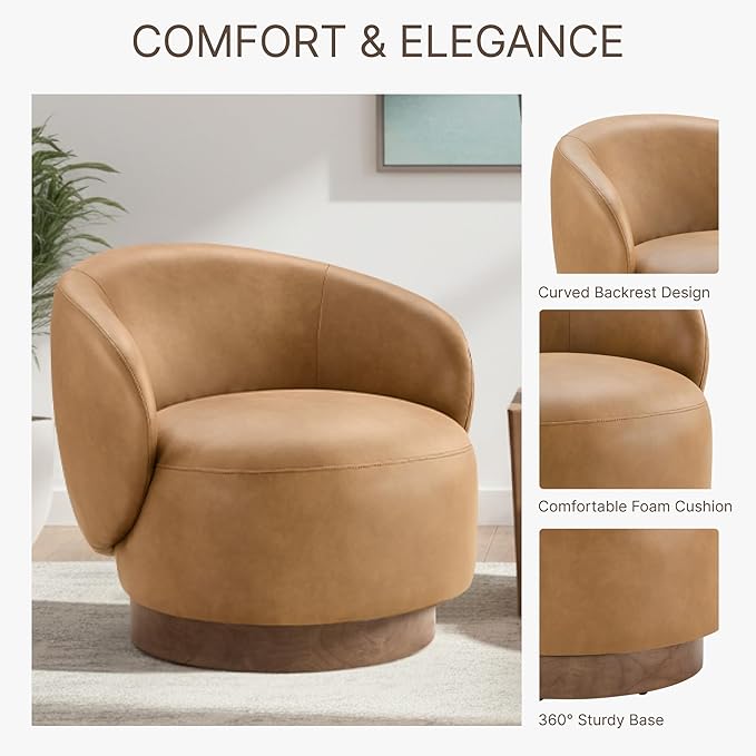 Swivel Accent Chair Modern Round Barrel Armchair with Upholstered Faux Leather for Living Room Bedroom Waitingroom,1 Box,Brown