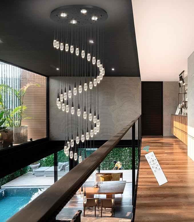 56-Lights 20 Feet Large Modern Chandelier LED Light Fixtures High Ceiling Long Light Chandelier for Entrance Foyer Dimmable Lights with Remote Living Room Ceiling Pendant Lighting Black