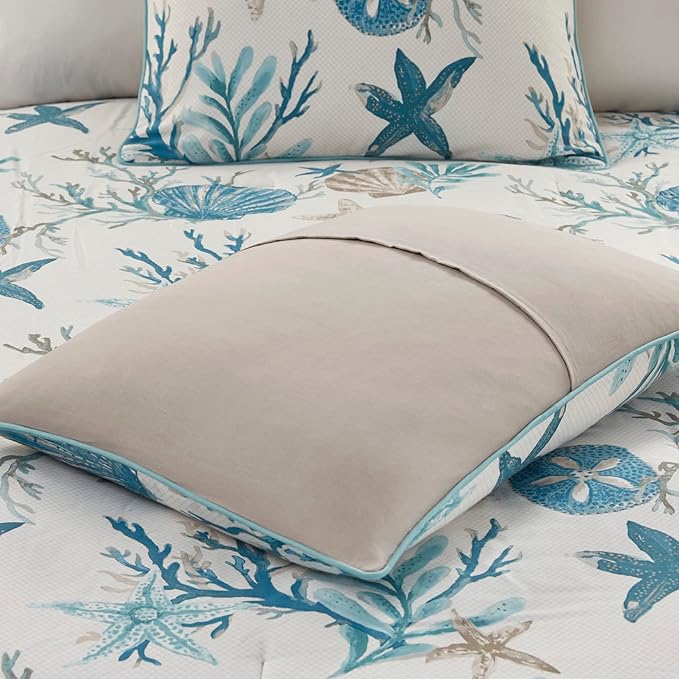 Madison Park Pebble Beach 100% Cotton Comforter Set - Coastal Coral, Starfish Design All Season Down Alternative Cozy Bedding with Matching Shams, Decorative Pillow, King(104"x92") Aqua 7 Piece