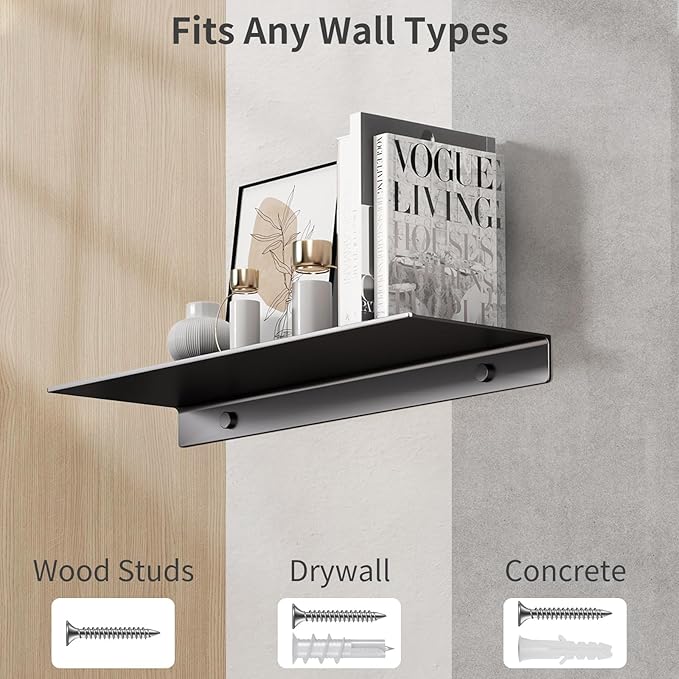 Danpoo Metal Wall Shelf, Black Floating Shelf, Small Bathroom Shelf, 16" Display Shelves for Wall Storage