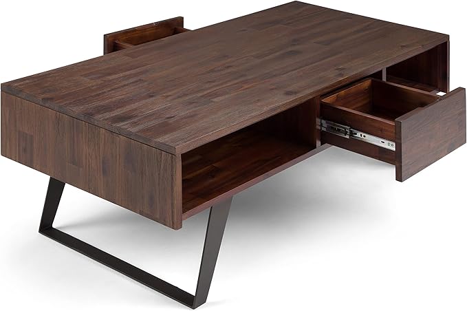 SIMPLIHOME Lowry Coffee Table - 48 inch Wide Solid Acacia Wood and Metal Living Room Table in Distressed Charcoal Brown, Modern Industrial Cocktail Table for Family Room with Drawers and Open Storage