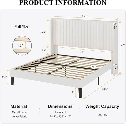 SHA CERLIN Full Size Velvet Bed Frame with Vertical Channel Tufted Wingback Headboard, Upholstered Platform Bed with Wood Slats, No Box Spring Needed, Easy Assembly, White