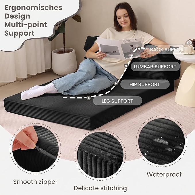JUIKURY Folding Sofa Bed, Convertible Sleeper Chair with Pilow Foldable Matress, 2 in 1 Pull Out Loveseat Sofa Portable Fold Out Chair Bed Floor Couch Lounge for Living Room (Black, Full)