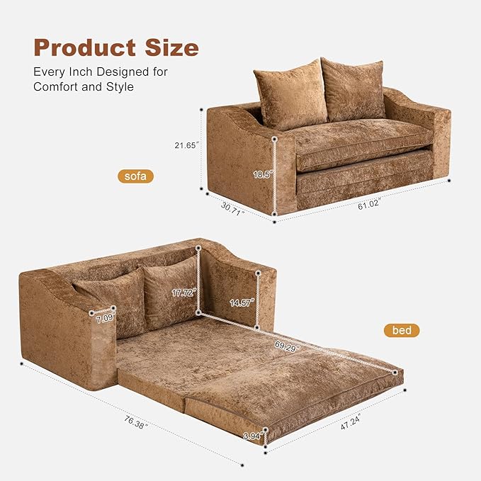 61" Convertible Sofa Bed Loveseat, Memory Foam Boneless Floor Couch with Removable Plush Velvet Cover, Tri-folding Compact Full-size Sleeper for Small Living Room, Playroom, Guest Room, RV (Brown) | Convertible Sofa Bed, Premium Memory Foam, Ergonomic ...