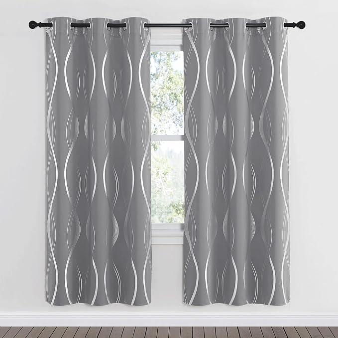 NICETOWN Blackout Curtains 72 inches Long, Silver Grey, 2 Panels, 42 x 72 Inch, Microfiber Noise Reducing Thermal Insulated Wave Line Foil Print Design Blackout Curtains for Patio Sliding Glass Door